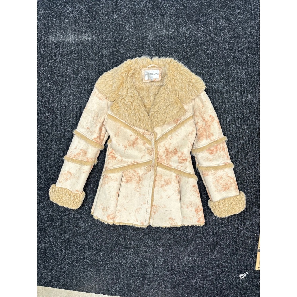 Paparazzi Womens Faux Shearling Jacket Tan Marbled Faux Fur Coat Size Medium